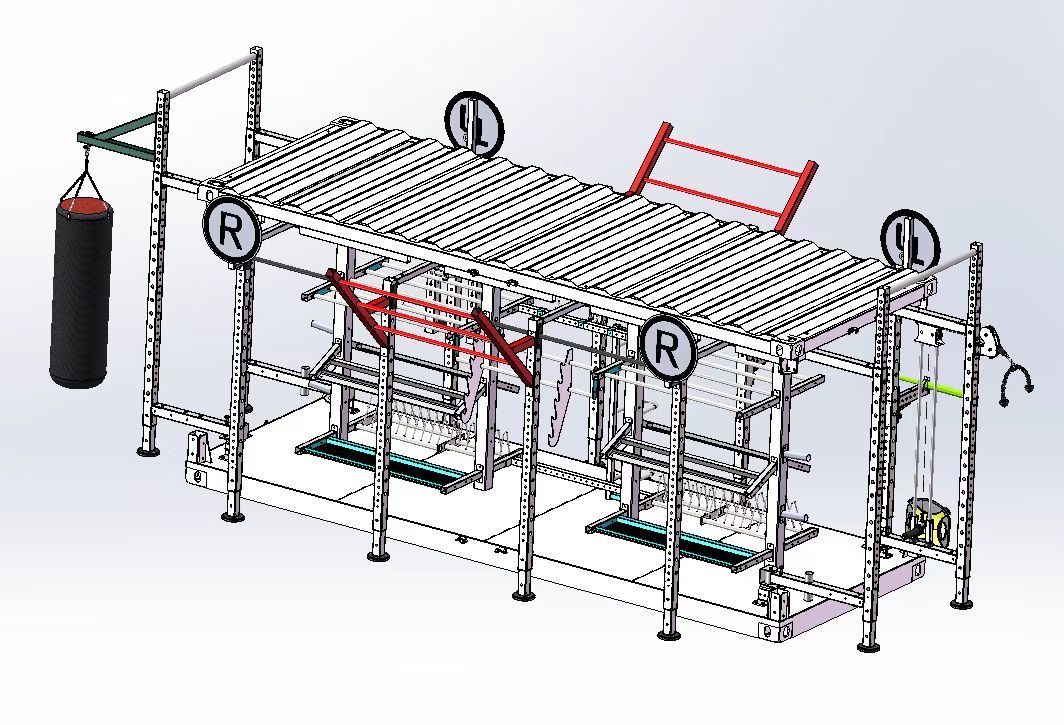 Outdoor Fitness equipment: Isometric view of a metal outdoor gym structure with a punching bag and pull-up bars.